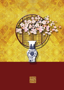 中式花瓶与繁花装饰图