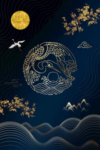 月夜瑞鹤祥云传统图景