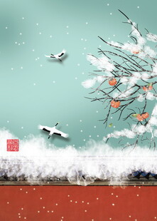 冬日雪景枝头飞鸟图