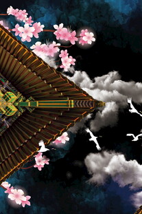古风楼阁樱花飞鸟夜景图