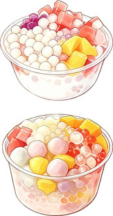两碗多彩水果珍珠甜品