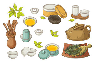 传统茶具与茶叶元素集合