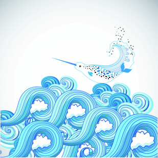 海浪上的飞鸟奇幻插画