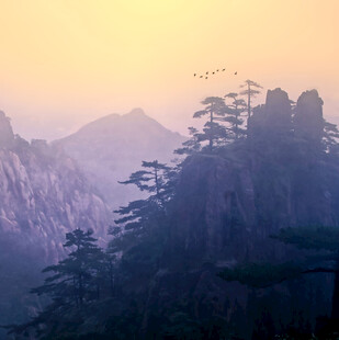 黄山日暮山林美景