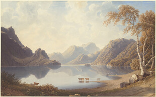 湖畔山林风景油画