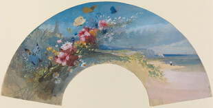 扇形花卉风景绘画作品