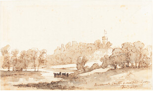 乡村河畔风景素描画