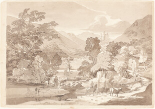 乡村山水风景素描画