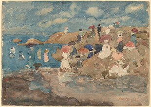 海边小镇风景油画