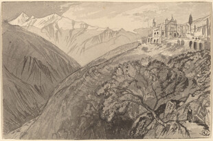 山间城堡远景素描图