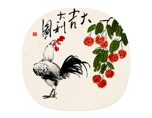 国画雄鸡图枝头红果相伴