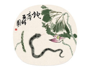 水墨绘蛇与荷的中式图景