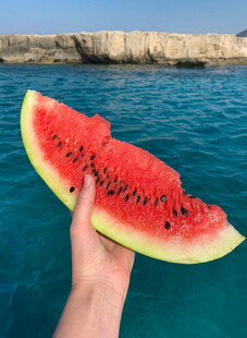 海边手持西瓜的惬意瞬间