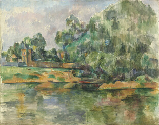 河畔绿树风景油画