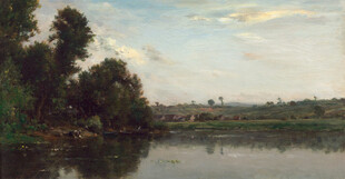 湖畔风景油画