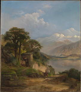 湖畔山林风景油画