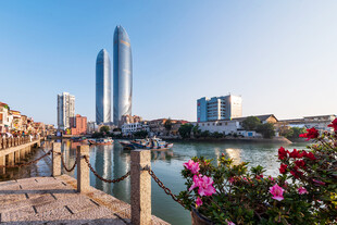 厦门河畔高楼与繁花美景