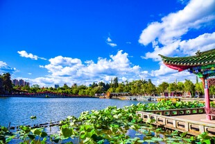 湖畔亭景 碧波蓝天绿意浓