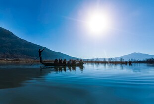 阳光照耀下的宁静湖面