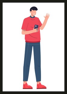 红衣男子手持相机打招呼