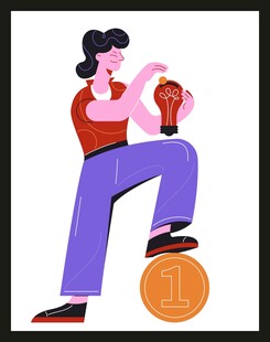 女子踩金币捧奖杯