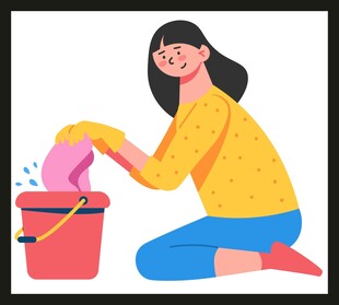 女子跪地专注清洗衣物