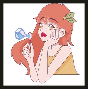 红发女孩吹泡泡的可爱瞬间