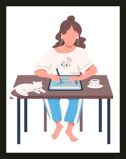 女孩桌边绘画与猫咪相伴