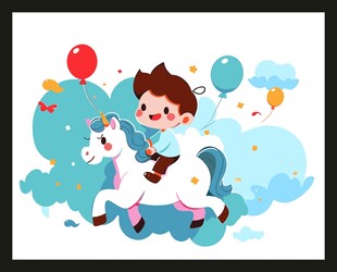小男孩骑独角兽梦幻场景