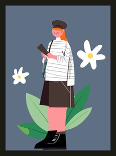 时尚女孩手持手机赏白花