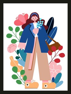 插画中时尚女孩与多彩植物