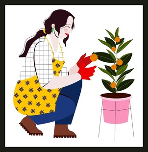 女子专注打理盆栽植物