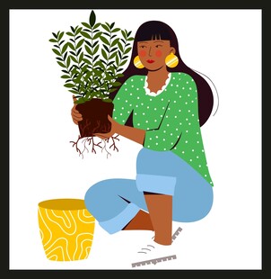 女子栽种绿植的温馨场景