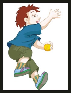 男孩手持球欢快跃起