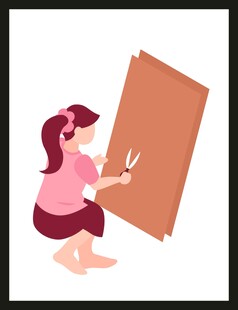 女孩手持剪刀裁剪木板