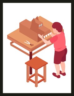 男孩专注于木工制作