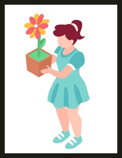 女孩手持花盆中的鲜花