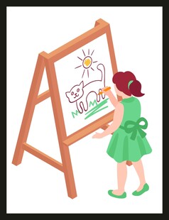 小女孩在画架前画画