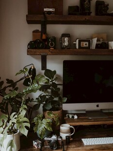温馨居家办公绿植电脑一角