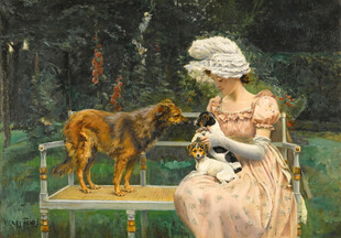 女子与两犬的温馨场景