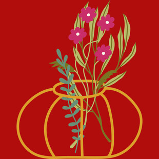 红色背景花瓶插粉花图案