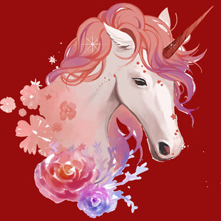 梦幻独角兽与花卉插画