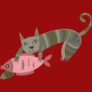 猫咪抱鱼的可爱插画
