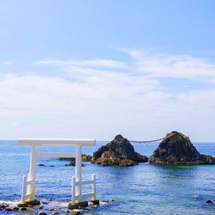 海边鸟居与海中岩石景观