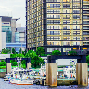城市港口旁的高楼与船只