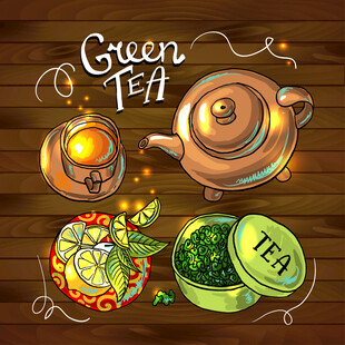 手绘绿茶茶具与茶叶场景