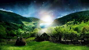 山间夜景璀璨星空下的村落