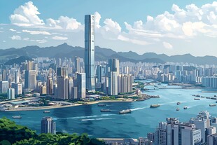 香港简约风摩天大楼河流船只山峦