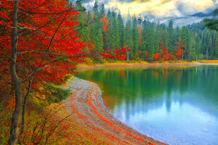 秋日湖畔绚丽山林美景