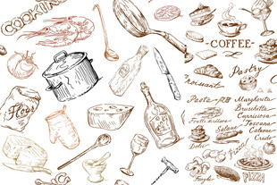 手绘厨房用品与食材插画